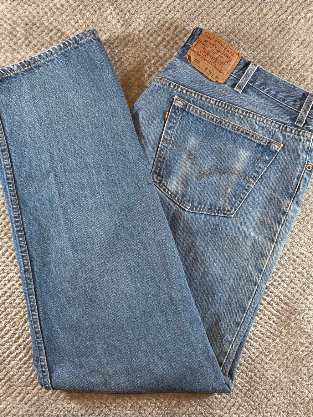 Y2K vintage 1995 Levi's 501 Men's 42x34 USA Made Button Fly Straight Blue Jeans